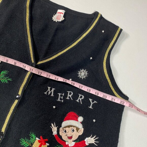 Womens XL Christmas Sweater Vest Holiday Time Black Merry Christmas Elf Design - Picture 4 of 7